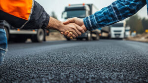 Paving crew, handshake